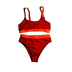 Red And Orange Color Block Bikini Top and Bottom